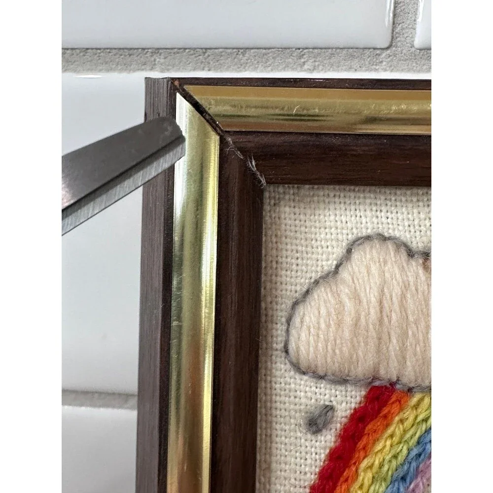 Vintage Handmade Framed Noah's Ark Embroidered Wall Art Rainbow Christian Decor